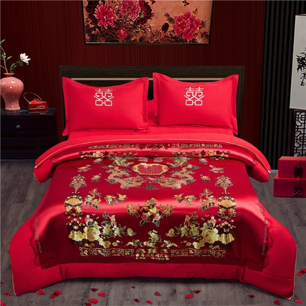91家纺网 家纺一手货源 找家纺 玉雅家纺 2025新款婚庆绸缎被面结婚喜被龙凤百子单被套 甜蜜-红-被子