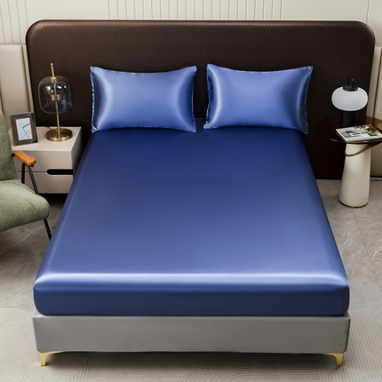 2025款仿真丝色丁床笠+枕套套装三件套床上用品跨境外贸纯色床笠爆款可定制 宝蓝