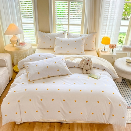 妖妖家纺 2024新款超柔软糯水洗云朵棉印花四季款四件套 心心-奶黄
