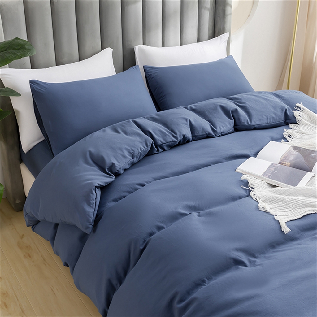 91家纺网 家纺一手货源 找家纺 2025款跨境外贸纯色磨毛枕套被套套件三件套床上用品外贸专供可定制 雾蓝