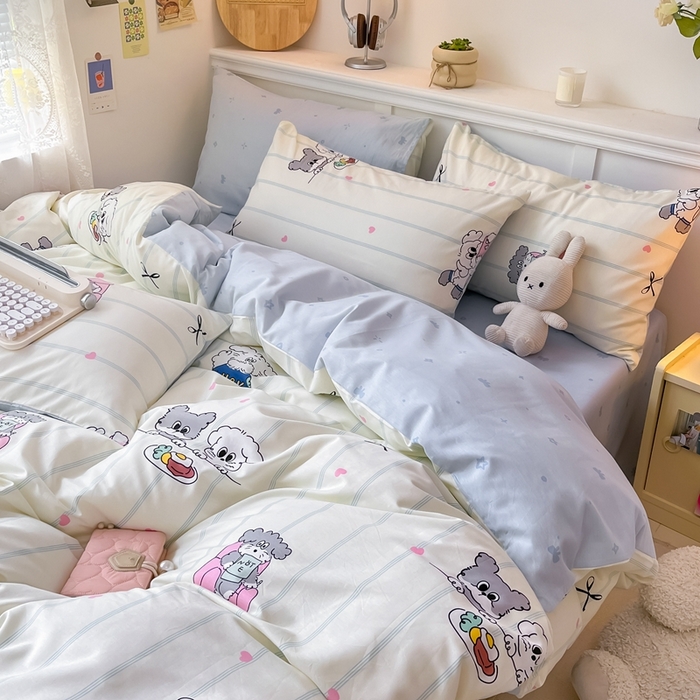 91家纺网 家纺一手货源 找家纺 曼之夏 2024新款全棉印花四件套 小狗日常