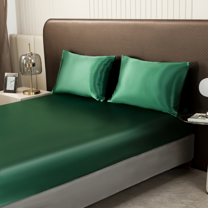 91家纺网 家纺一手货源 找家纺 2025款仿真丝色丁床笠+床单+枕套套装四件套床上用品跨境外贸纯色水洗真丝爆款 可定制 墨绿