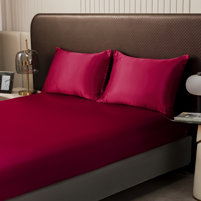 91家纺网 家纺一手货源 找家纺 2025款仿真丝色丁床笠+床单+枕套套装四件套床上用品跨境外贸纯色水洗真丝爆款 可定制 酒红