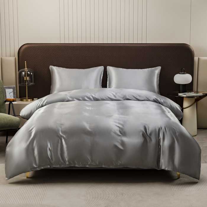 91家纺网 家纺一手货源 找家纺 2025款仿真丝色丁被套+枕套套装 床上用品三件套跨境外贸纯色水洗真丝爆款可定制 银灰