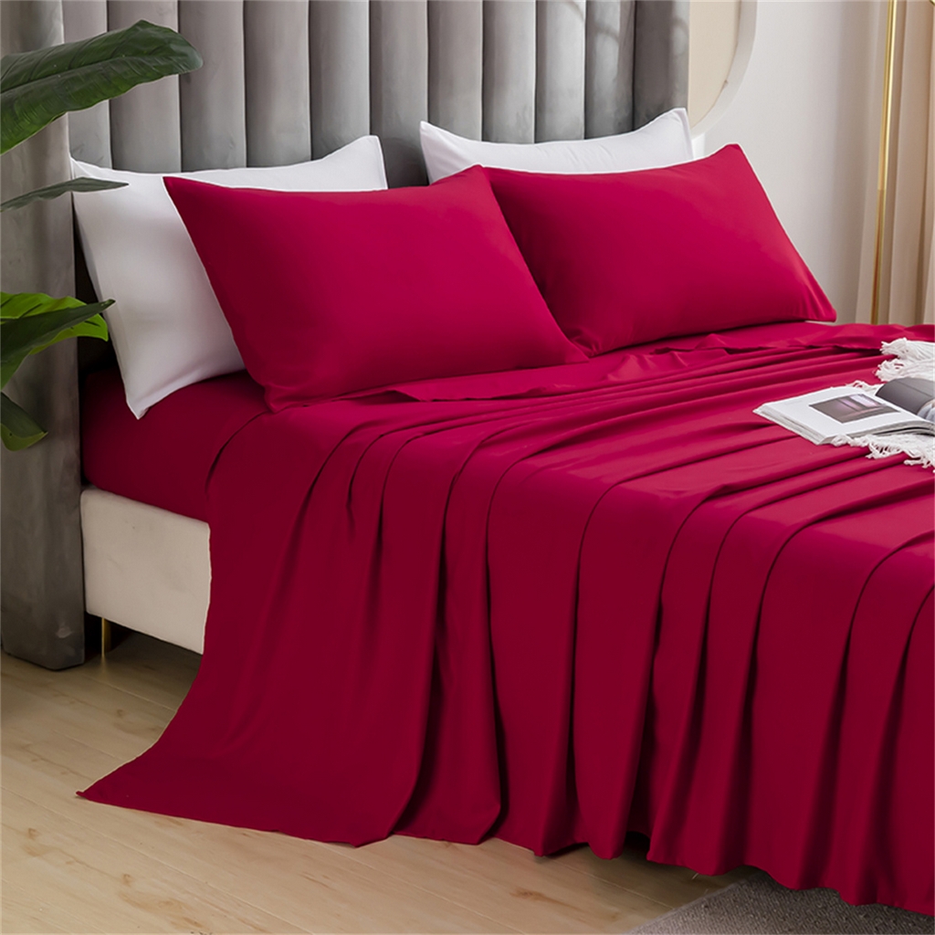 91家纺网 家纺一手货源 找家纺 2025款跨境外贸纯色磨毛床单床笠套装 三、四件套床上用品 外贸专供可定制 酒红