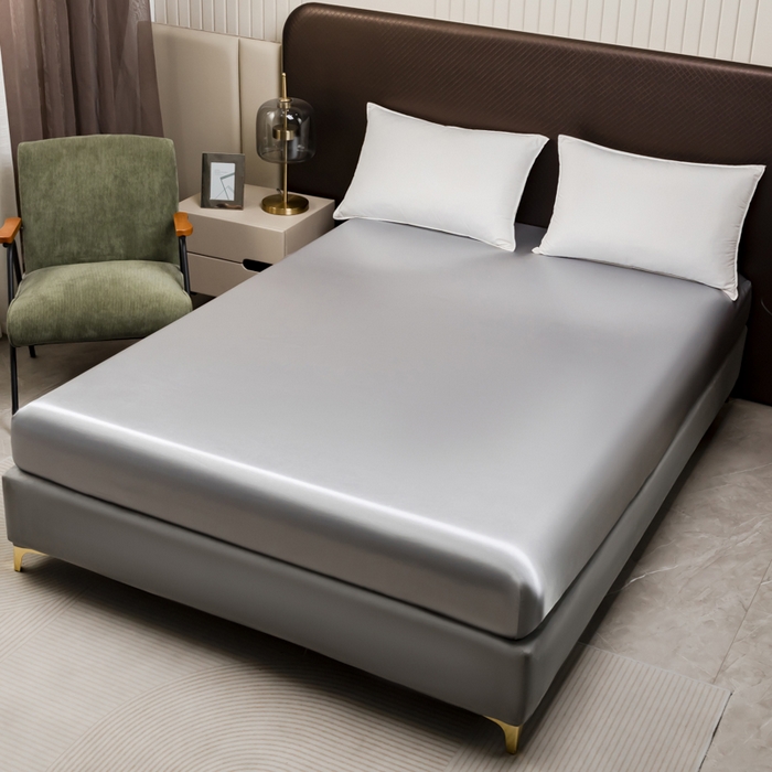 91家纺网 家纺一手货源 找家纺 2025款仿真丝色丁床笠单件 跨境外贸纯色床笠爆款单件床上用品可定制 银灰