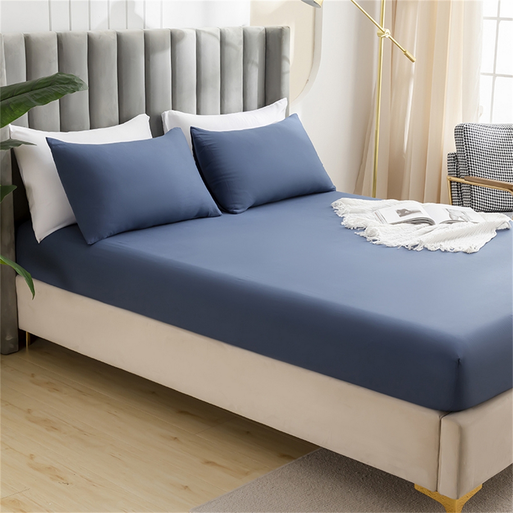 91家纺网 家纺一手货源 找家纺 2025款跨境外贸纯色磨毛床笠套装三件套床上用品 外贸专供可定制 雾蓝