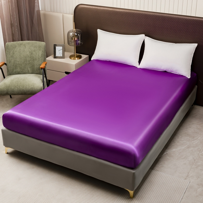 91家纺网 家纺一手货源 找家纺 2025款仿真丝色丁床笠单件 跨境外贸纯色床笠爆款单件床上用品可定制 紫色