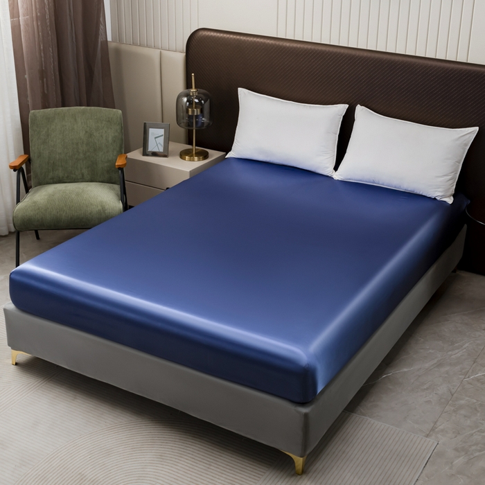 91家纺网 家纺一手货源 找家纺 2025款仿真丝色丁床笠单件 跨境外贸纯色床笠爆款单件床上用品可定制 宝蓝