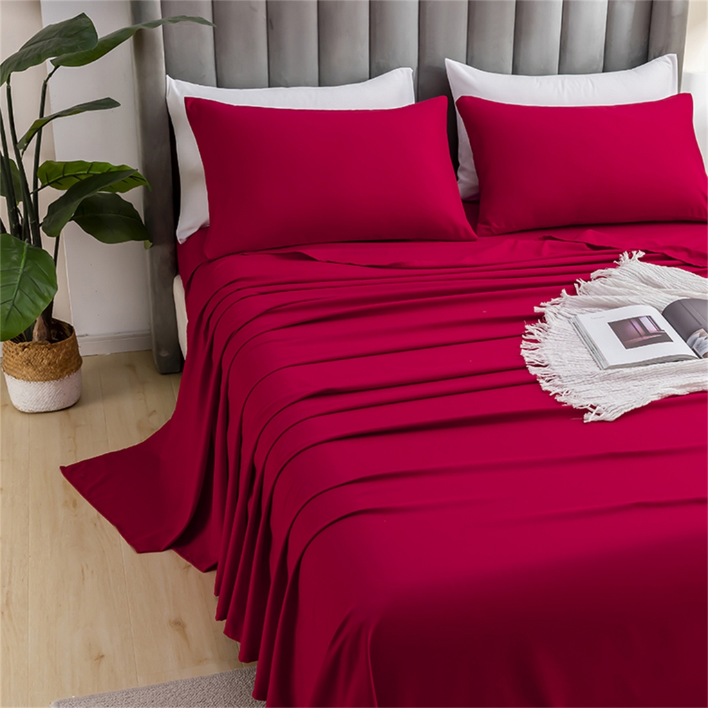 91家纺网 家纺一手货源 找家纺 2025款跨境外贸纯色磨毛床单床笠套装 三、四件套床上用品 外贸专供可定制 酒红