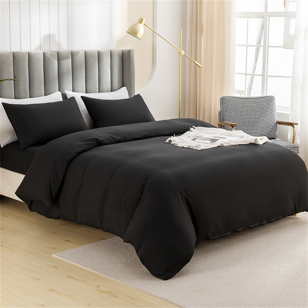 91家纺网 家纺一手货源 找家纺 2025款跨境外贸纯色磨毛枕套被套套件三件套床上用品外贸专供可定制 黑色