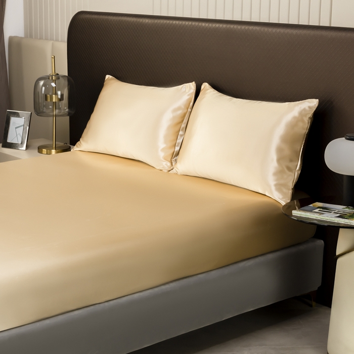 91家纺网 家纺一手货源 找家纺 2025款仿真丝色丁床笠+枕套套装三件套床上用品跨境外贸纯色床笠爆款可定制 香槟