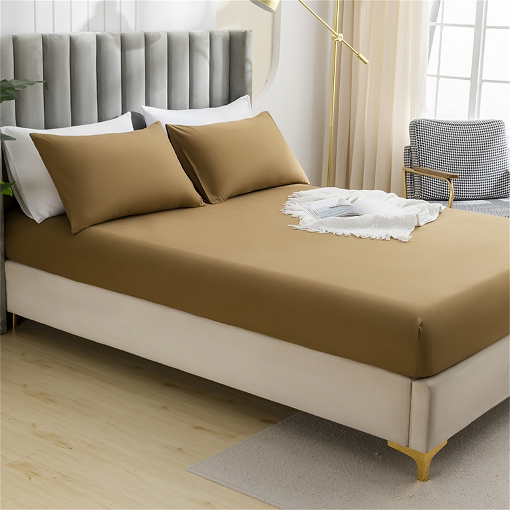 91家纺网 家纺一手货源 找家纺 2025款跨境外贸纯色磨毛床笠套装三件套床上用品 外贸专供可定制 卡其