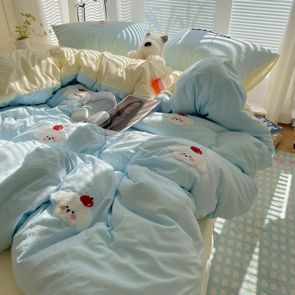 91家纺网 家纺一手货源 找家纺 （总）2024新款ins可爱风云朵棉韩系卡通精密毛巾绣四件套拍图二