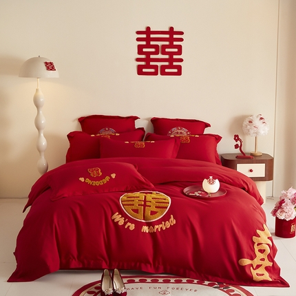 91家纺网 家纺一手货源 找家纺 玉雅 2025新款磨毛时尚毛巾绣婚庆四件套 婚庆毛巾绣-如意