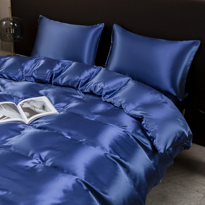 91家纺网 家纺一手货源 找家纺 2025款仿真丝色丁被套+枕套套装 床上用品三件套跨境外贸纯色水洗真丝爆款可定制 宝蓝