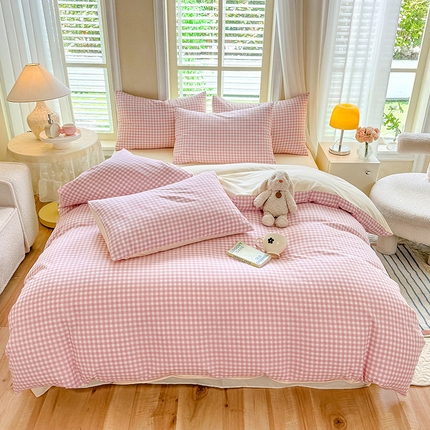 妖妖家纺 2024新款超柔软糯水洗云朵棉印花四季款四件套 粉黄格