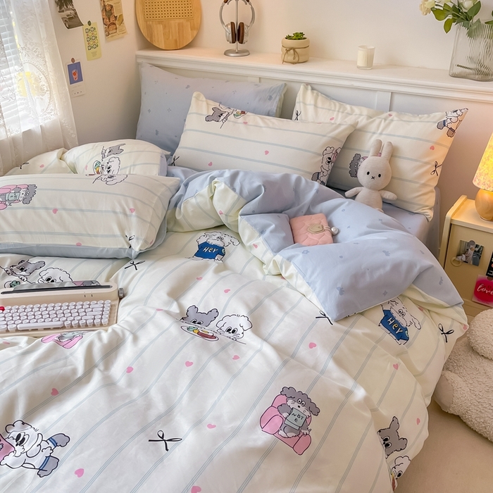 91家纺网 家纺一手货源 找家纺 曼之夏 2024新款全棉印花四件套 小狗日常