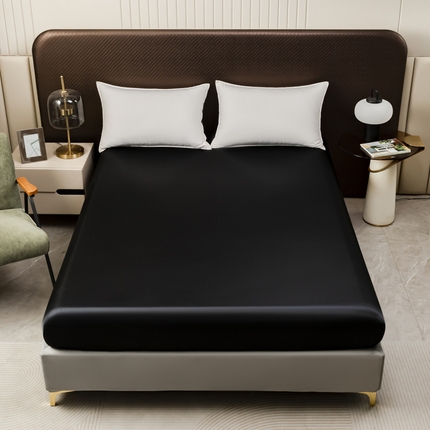 91家纺网 家纺一手货源 找家纺 2025款仿真丝色丁床笠单件 跨境外贸纯色床笠爆款单件床上用品可定制 黑色
