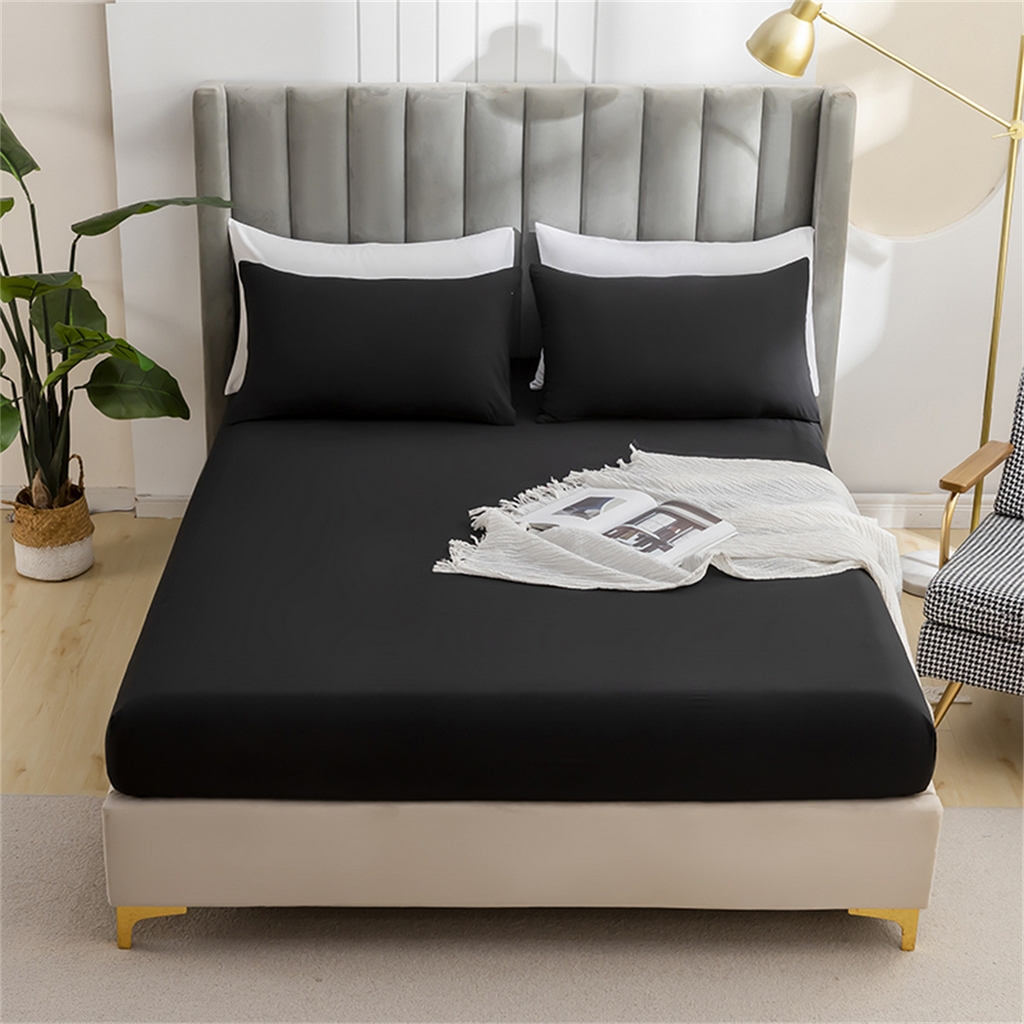 91家纺网 家纺一手货源 找家纺 2025款跨境外贸纯色磨毛床单床笠套装 三、四件套床上用品 外贸专供可定制 黑色