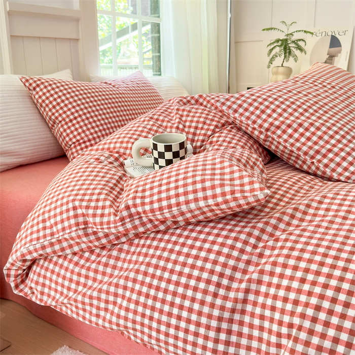 91家纺网 家纺一手货源 找家纺 北欧良品 2024新款A类全棉色织水洗棉单枕套 橙红小格