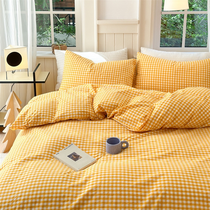 91家纺网 家纺一手货源 找家纺 北欧良品 2024新款A类全棉色织水洗棉单枕套 姜黄小格