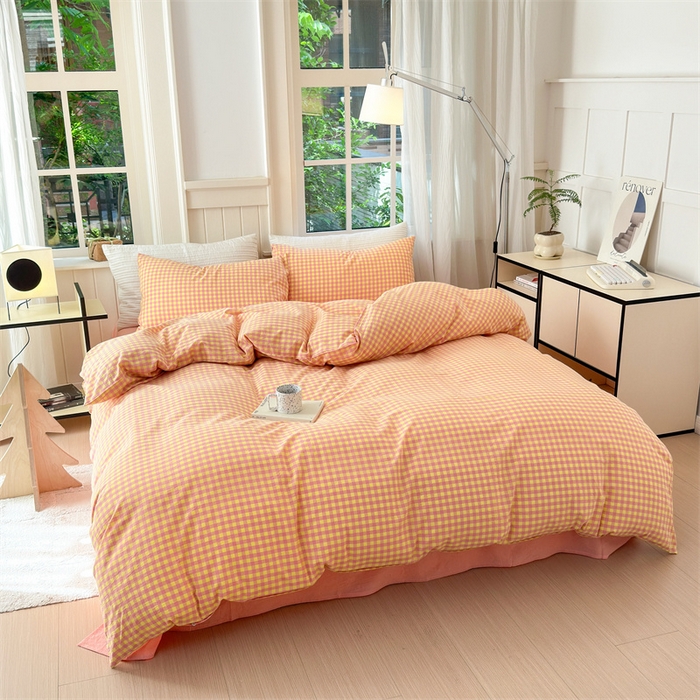 91家纺网 家纺一手货源 找家纺 北欧良品 2024新款A类全棉色织水洗棉单被套 粉黄小格