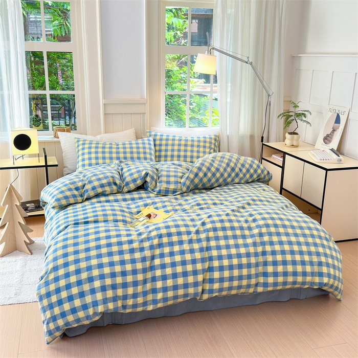 91家纺网 家纺一手货源 找家纺 北欧良品 2024新款A类全棉色织水洗棉单枕套 蓝黄中格