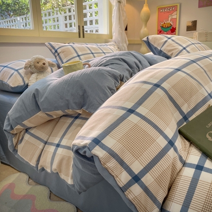 91家纺网 家纺一手货源 找家纺 阿曼达 2024新款ins博主风爆款全工艺印染亲肤舒适纯色水洗m格子四件套（有买家秀） 星河-蓝