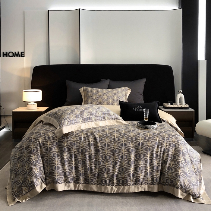 91家纺网 家纺一手货源 找家纺 2024新款60支兰精天丝数码印花四件套系列 格雷-藏青