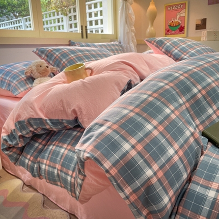 91家纺网 家纺一手货源 找家纺 （总）阿曼达 2024新款ins博主风爆款全工艺印染亲肤舒适纯色水洗m格子四件套（有买家秀）