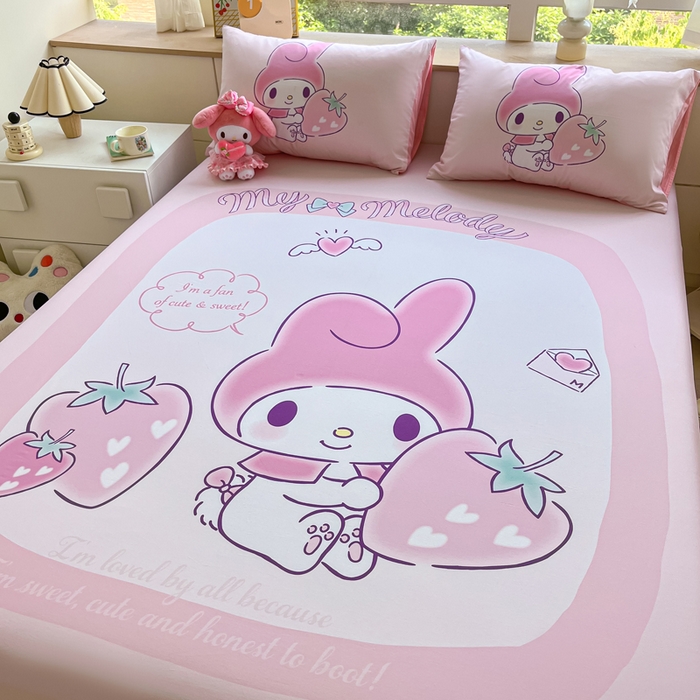 91家纺网 家纺一手货源 找家纺 金爱家 2024新款全棉三丽鸥正版大版单品床笠 贪吃美乐蒂