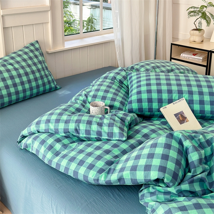 91家纺网 家纺一手货源 找家纺 北欧良品 2024新款A类全棉色织水洗棉单被套 蓝绿中格