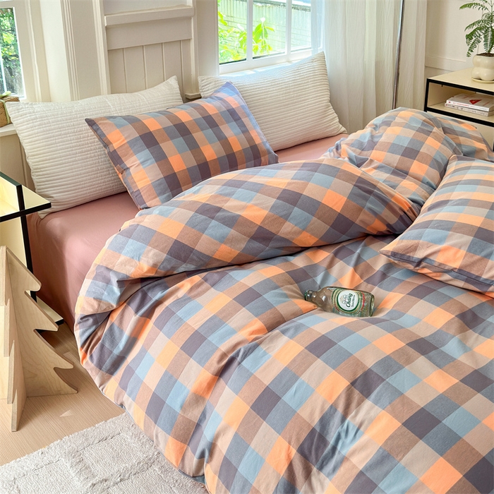 91家纺网 家纺一手货源 找家纺 北欧良品 2024新款A类全棉色织水洗棉单被套 曲奇中格粉