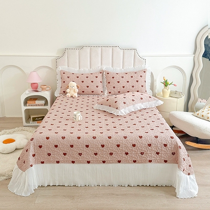 宜凡 2024新款全棉印花雪纺夹棉床盖三件套 爱心 红棕