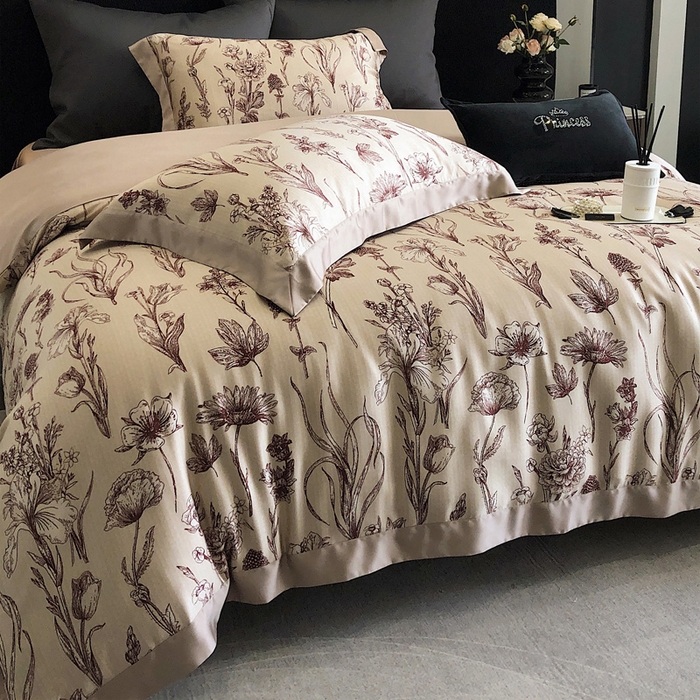 91家纺网 家纺一手货源 找家纺 2024新款60支兰精天丝数码印花四件套系列 希拉-红