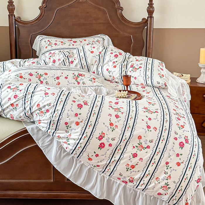 91家纺网 家纺一手货源 找家纺 窝米 2024夏季纯棉法式复古雪纺大花边四件套系列第二批 悦夏花边款