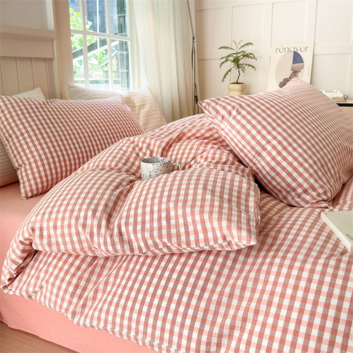 91家纺网 家纺一手货源 找家纺 北欧良品 2024新款A类全棉色织水洗棉单被套 蜜粉小格