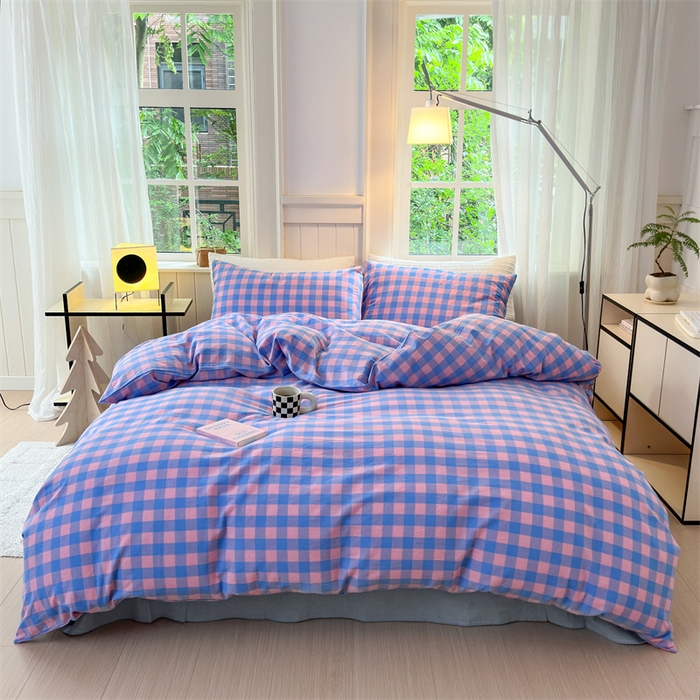 91家纺网 家纺一手货源 找家纺 北欧良品 2024新款A类全棉色织水洗棉单枕套 蓝紫中格