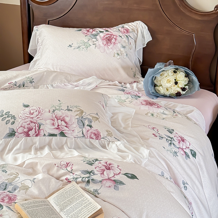 91家纺网 家纺一手货源 找家纺 窝米 2024夏季纯棉法式复古雪纺大花边四件套系列第二批 花云花边款