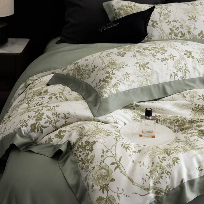 91家纺网 家纺一手货源 找家纺 2024新款60支兰精天丝数码印花四件套系列 玛亚-绿