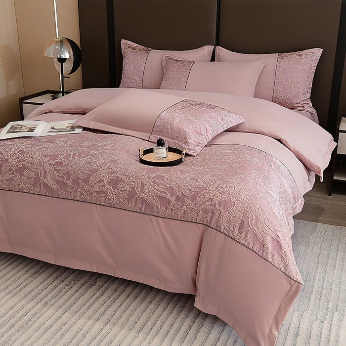 91家纺网 家纺一手货源 找家纺 布可家纺 2025新款轻奢精美浮雕刺绣提花四件套 安露莎-胭脂粉