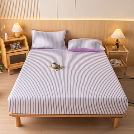 91家纺网 家纺一手货源 找家纺 雅居纺家纺 2024新款全棉色织水洗棉床笠 床笠-竖条紫