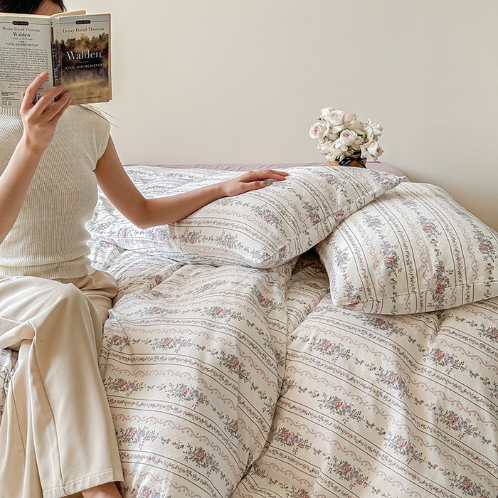 91家纺网 家纺一手货源 找家纺 窝米 2024全棉A类双层纱系列四件套 花开半夏