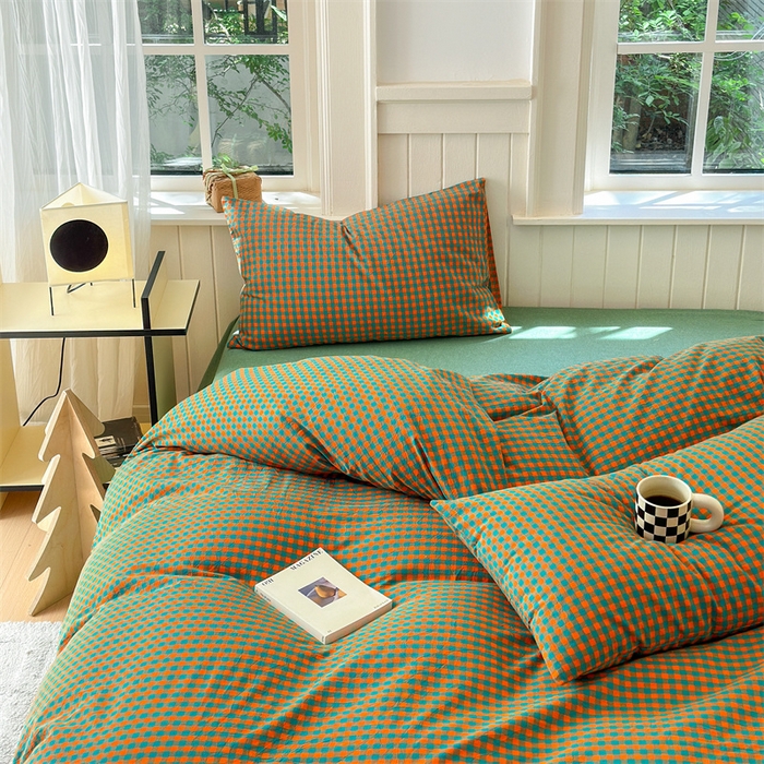 91家纺网 家纺一手货源 找家纺 北欧良品 2024新款A类全棉色织水洗棉单枕套 橙绿小格