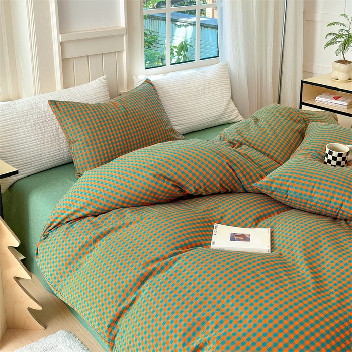 91家纺网 家纺一手货源 找家纺 北欧良品 2024新款A类全棉色织水洗棉单枕套 橙绿小格