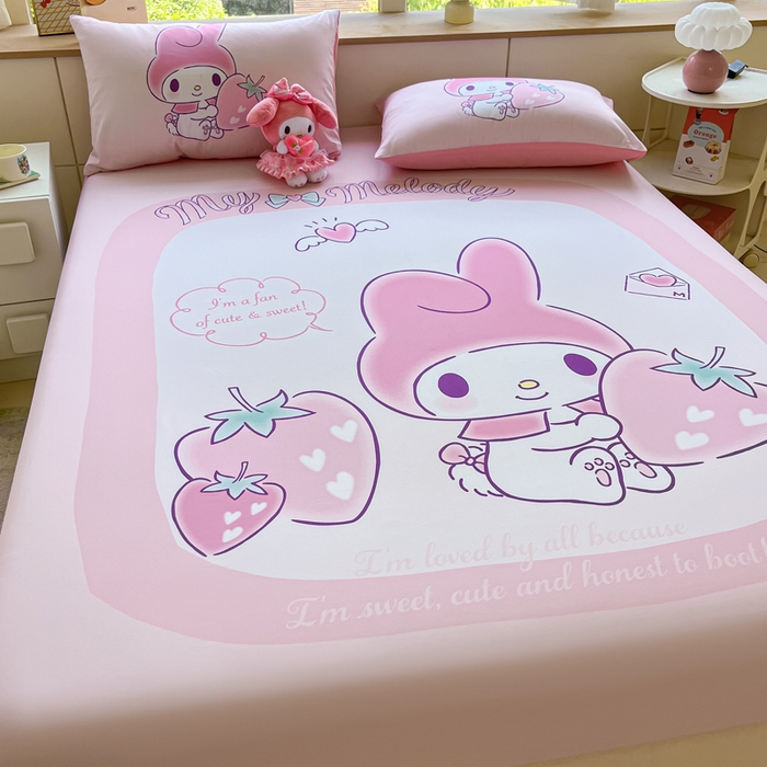 91家纺网 家纺一手货源 找家纺 金爱家 2024新款全棉三丽鸥正版大版单品床笠 贪吃美乐蒂