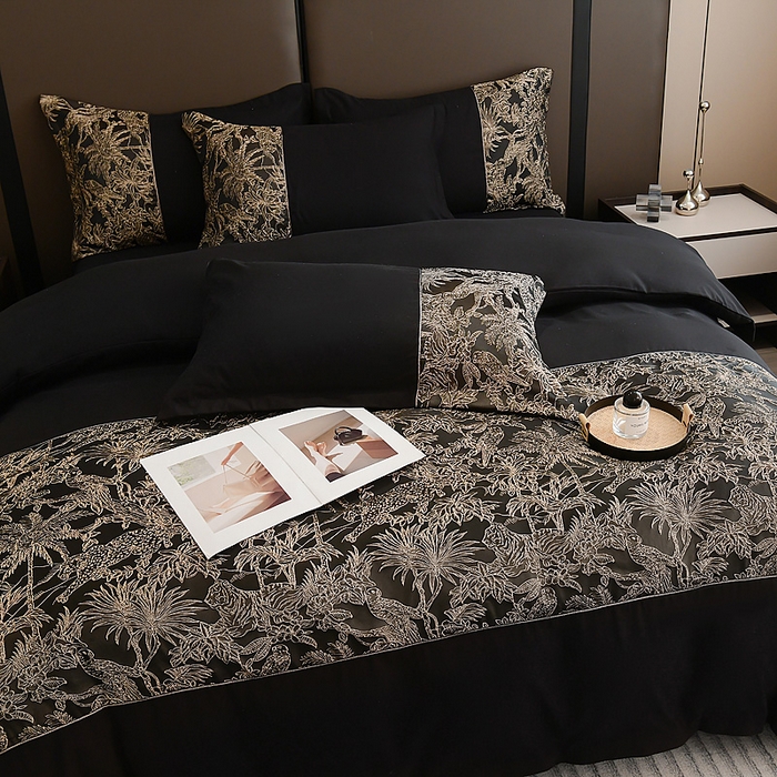 91家纺网 家纺一手货源 找家纺 布可家纺 2025新款轻奢精美浮雕刺绣提花四件套 安露莎-高级黑