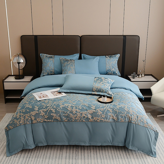 91家纺网 家纺一手货源 找家纺 布可家纺 2025新款轻奢精美浮雕刺绣提花四件套 曼陀罗-星海蓝