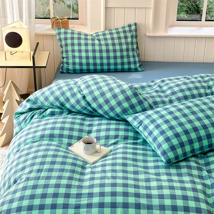 91家纺网 家纺一手货源 找家纺 北欧良品 2024新款A类全棉色织水洗棉单枕套 蓝绿中格